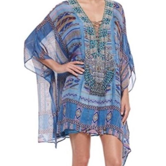 Camilla Franks Stitch of the Condor Blue Silk Lace up Mini Kaftan - Picture 1 of 7